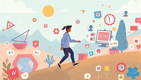 An inspirational illustration of a mentor guiding a protege through a digital landscape filled with design tools and creativity, symbolizing the supportive and collaborative environment of Design Pathways.
