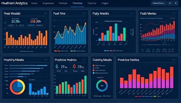 A visually engaging data dashboard displaying real-time health data trends, predictive analytics models, and performance metrics, with colorful graphs and charts illustrating the power of data-driven insights and strategic decision-making in healthcare at HealthTrend Analytics.