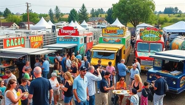 An outdoor food truck gathering with a diverse array of colorful food trucks serving appetizing dishes, surrounded by a bustling crowd of customers enjoying their meals al fresco, creating a lively and festive atmosphere.