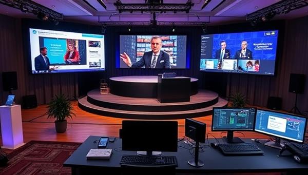 A virtual event setup with multiple screens displaying interactive event elements, a virtual stage for speakers, audience engagement tools, and a behind-the-scenes control center managing the technical aspects, showcasing the seamless and engaging virtual event experience facilitated by EventVirtuoso Solutions.