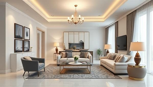An elegant virtual room rendering showcasing a beautifully designed living space with stylish furniture, lighting fixtures, and decor accents, reflecting a modern and inviting ambiance that inspires clients to transform their homes.