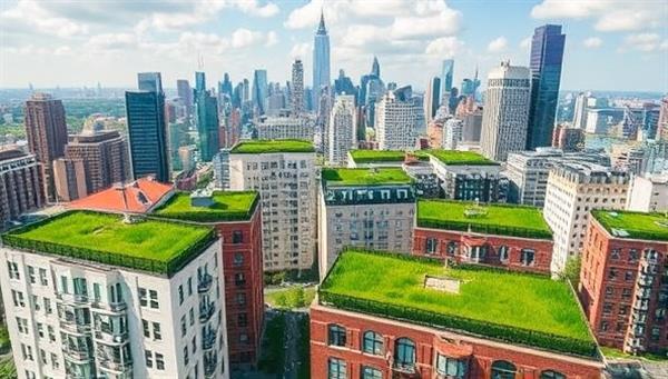 An urban skyline featuring buildings adorned with lush green roofs, showcasing the harmonious integration of nature into city landscapes, promoting sustainability and eco-conscious design principles of EcoRoof Solutions.