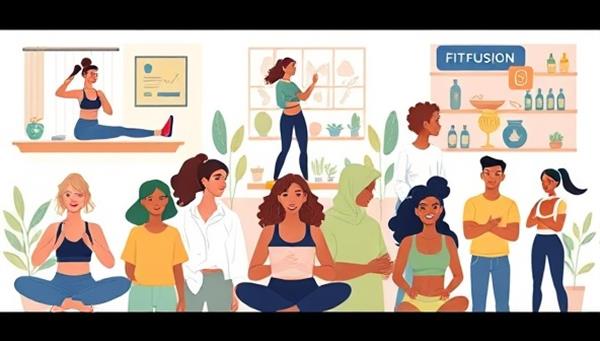 An illustration of a diverse group of people engaging in virtual workout classes, browsing wellness products, and connecting with fitness experts on the FitFusion platform, showcasing inclusivity and variety in health and fitness offerings.