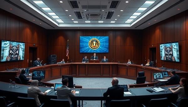 An immersive visual of a virtual courtroom interface displaying judges, attorneys, and witnesses participating in a remote hearing, with digital evidence exhibits, case documents, and real-time transcription features visible, demonstrating the seamless integration of technology in legal proceedings.