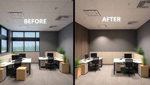An office space before and after a lighting retrofit, with the "before" image showing outdated fluorescent fixtures and the "after" image revealing modern LED lighting, creating a bright, inviting atmosphere with reduced energy consumption.