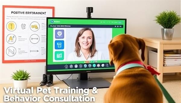 A virtual pet training session with a certified animal behaviorist conducting an online training session with a dog, interactive pet training tools displayed on a screen, and a positive reinforcement chart in the backdrop, symbolizing the essence of virtual pet training and behavior consultation services.