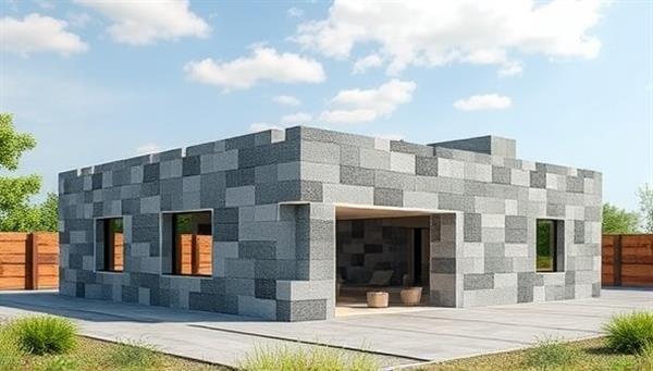 An image featuring a modern structure built entirely with recycled plastic blocks, highlighting the versatility and durability of the material, alongside a sustainable and eco-friendly construction approach.