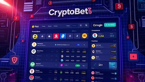 An innovative and futuristic digital interface displaying various cryptocurrency logos and betting options, surrounded by encrypted security symbols and blockchain visuals, illustrating the seamless integration of cryptocurrency and betting on the CryptoBet Haven platform.