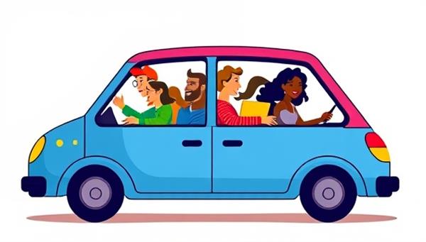 A vibrant illustration showing diverse individuals happily carpooling together in a colorful car, symbolizing community, shared experiences, and eco-friendly transportation.