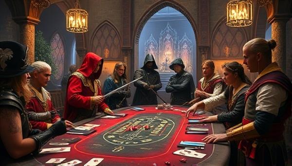 An enchanting image of players dressed in elaborate fantasy costumes, wielding prop weapons, and engaging in role-playing interactions within a medieval-themed setting adorned with gaming tables, dice, and cards, capturing the magical and immersive essence of Fantasy Gambit Realm