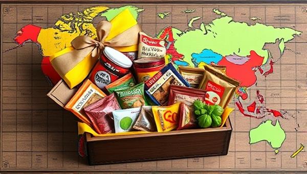 An enticing image of a colorful array of exotic snacks from different countries arranged in a beautifully crafted box, accompanied by a world map highlighting the snack origins, conveying a sense of adventure and cultural exploration.