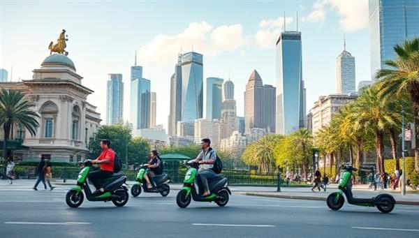A vibrant cityscape scene with commuters zipping through streets on electric scooters, passing by iconic landmarks and green spaces, highlighting the seamless and sustainable mobility experience offered by EcoRide Rentals.