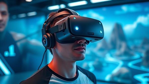 An individual wearing a VR headset, fully immersed in a virtual reality workout environment, surrounded by futuristic digital landscapes and fitness challenges, showcasing the cutting-edge and engaging nature of VR Fit Zone.