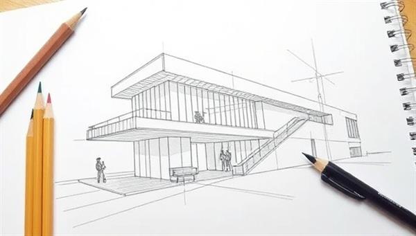 An artistic sketch of a modern architectural design featuring clean lines, intricate details, and shading techniques, surrounded by drafting pencils, a tablet with a digital pen, and a sketchpad, evoking a sense of creativity and learning.