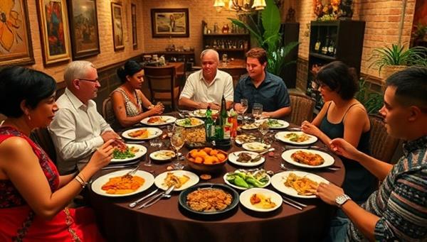 An eclectic dining setting with guests enjoying a multi-course meal featuring dishes from different cultures, accompanied by storytelling and cultural insights, creating a vibrant and inclusive dining experience.