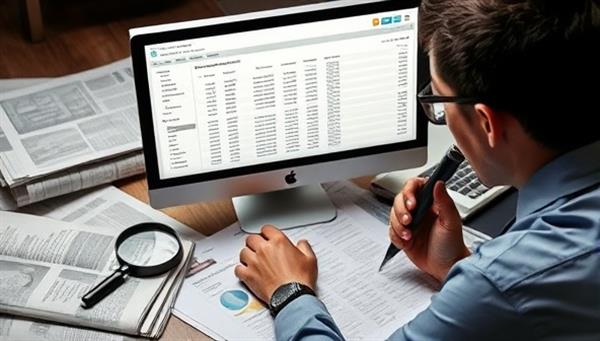An investigative journalist reviewing a detailed financial report on a computer screen, surrounded by newspapers, documents, and a magnifying glass, symbolizing the in-depth analysis and investigative journalism facilitated by TransparencyPlus in promoting accountability and transparency in government actions.