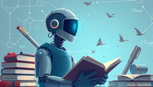An imaginative illustration of a futuristic AI assistant hovering over a writer