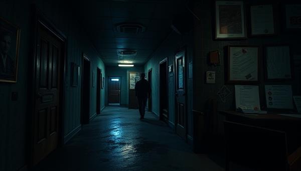 An atmospheric virtual mystery setting with shadowy corridors, hidden clues, and a mysterious figure leaving behind cryptic messages, setting the stage for an immersive and suspenseful detective challenge.