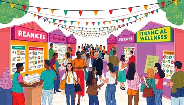 An illustration of a vibrant pop-up event with colorful booths featuring financial wellness resources, interactive games, and people of diverse backgrounds engaging in financial discussions and activities, creating a festive and educational atmosphere.