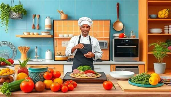 A colorful virtual kitchen setup with a chef demonstrating a cooking technique on a video call, surrounded by a variety of fresh ingredients, cooking utensils, and a digital recipe book, creating a vibrant and interactive culinary atmosphere.