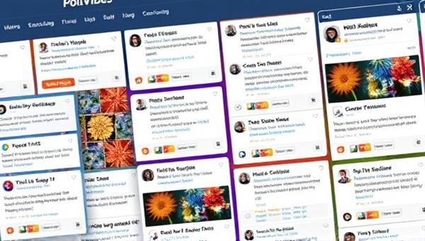 An engaging social media feed displaying colorful and interactive poll widgets with dynamic response options, encouraging user participation and interaction, representing the engaging nature of PollVibe