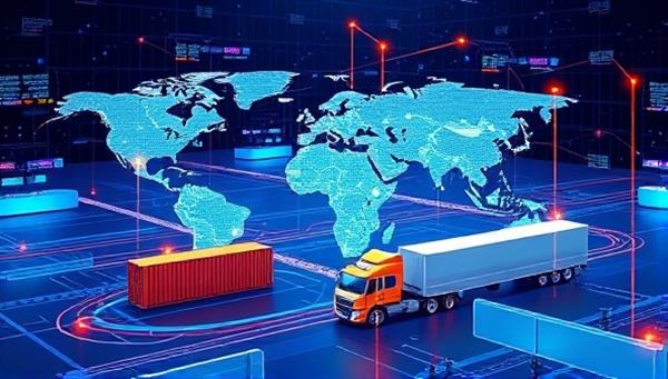 A digital illustration showcasing a virtual marketplace where shippers and carriers interact and transact seamlessly, with animated cargo containers and trucks symbolizing the dynamic and efficient freight brokerage process, highlighting connectivity, efficiency, and collaboration in logistics management.