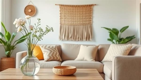 An inviting living room setting with eco-friendly decor accents like a recycled glass vase filled with fresh flowers, a bamboo wall hanging, and organic cotton throw pillows, creating a harmonious and sustainable living space.