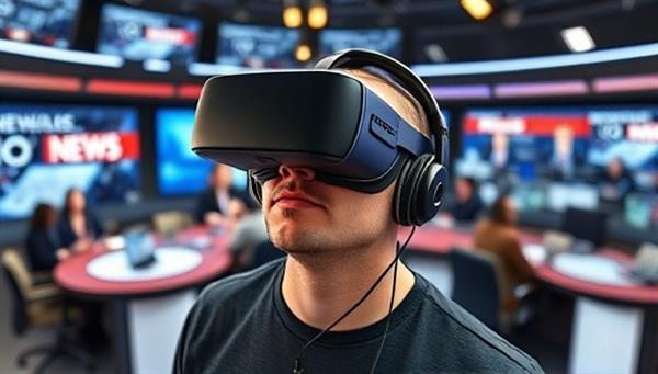 An individual wearing a VR headset, immersed in a virtual newsroom environment with digital screens displaying breaking news updates, reporters engaging with viewers, and a dynamic atmosphere that captures the essence of VR Newswave