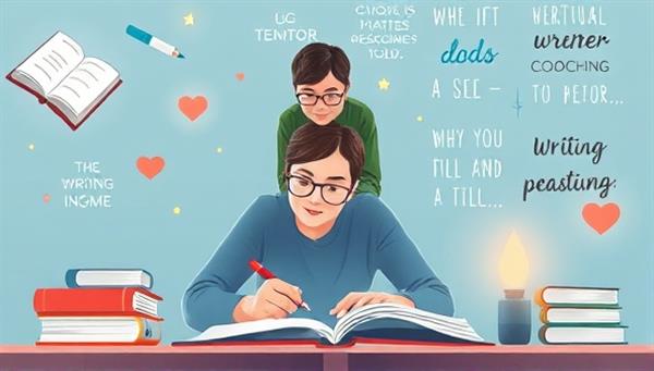 An artistic digital illustration of a mentor guiding a writer through a virtual writing session, with creative elements like floating books, glowing pens, and inspirational quotes in the background, symbolizing the transformative and supportive nature of WriteWise Coaching in nurturing writing talent.