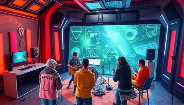 An artistic digital illustration of a virtual music studio with futuristic equipment and a diverse group of students collaborating on a musical project, capturing the essence of innovation and creativity in online music education.