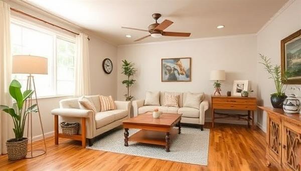 An image of a renovated room featuring sustainable materials like bamboo flooring, energy-efficient lighting, and recycled furniture, showcasing the eco-friendly design elements of GreenRevive Renovations.