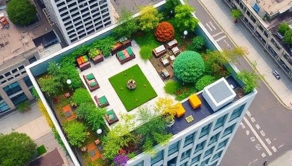 An aerial view of a vibrant rooftop garden oasis with a mix of greenery, seating areas, and sustainable features on a modern urban building.