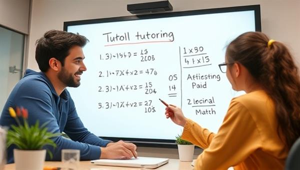 A virtual tutoring session scene with a tutor assisting a student through a challenging math problem on a digital whiteboard, engaging in interactive learning activities and real-time feedback, creating a dynamic and supportive online tutoring environment.