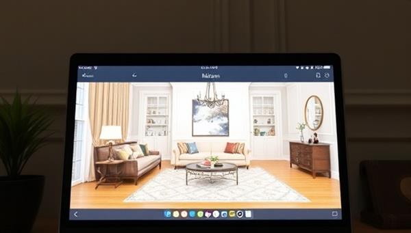 An elegant virtual room design concept displayed on a computer screen, featuring tasteful furniture arrangements, color schemes, and decor elements, evoking a sense of style and comfort.
