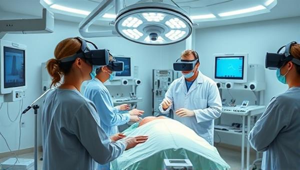 An immersive VR simulation environment depicting a surgical training scenario with medical professionals wearing VR headsets and interacting with virtual patients and medical equipment, illustrating the innovative approach to healthcare training through VR technology.