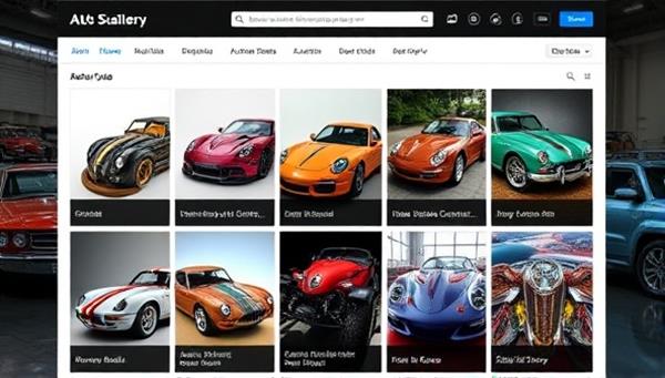 An online gallery showcasing a diverse collection of automotive art pieces, from intricate car sculptures to vibrant custom paint designs, set against a backdrop of classic and modern vehicles, conveying the artistic flair and creative spirit of AutoArtisans Hub
