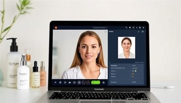 A virtual consultation setup with a skincare expert on a video call, showcasing different skincare products in the background and a laptop displaying skin analysis results, illustrating personalized skincare recommendations.