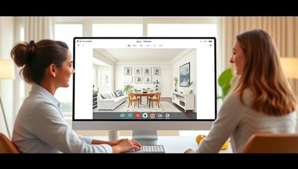 An artistic digital rendering of a virtual interior design consultation session, with a designer presenting a mood board and room layout concept on a computer screen to a client, showcasing the creative and personalized approach of DesignVision Virtual.
