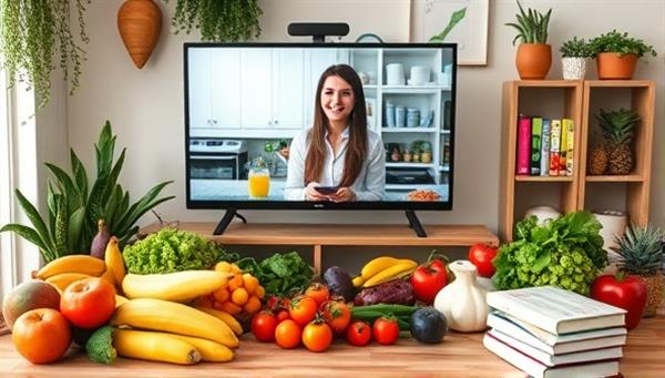 An inviting and wholesome nutrition coaching setup featuring a nutritionist discussing meal plans and dietary tips on a digital screen, surrounded by fresh fruits, vegetables, and recipe books, creating a vibrant and nutritious virtual nutrition studio.