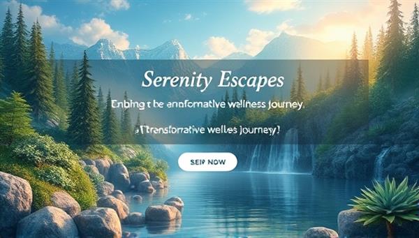 A captivating digital illustration featuring a virtual landscape of serene natural elements like forests, mountains, and waterfalls, inviting users to embark on a transformative wellness journey through the Serenity Escapes platform, symbolizing peace and rejuvenation in a virtual retreat setting.
