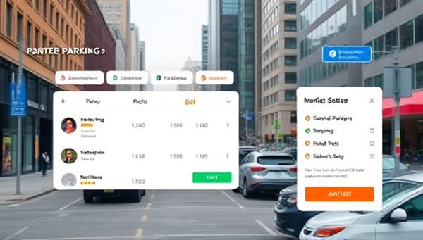A digital platform interface showcasing available parking spaces in a bustling urban setting, with intuitive search filters and secure payment options, illustrating the convenience and accessibility of peer-to-peer parking rentals.
