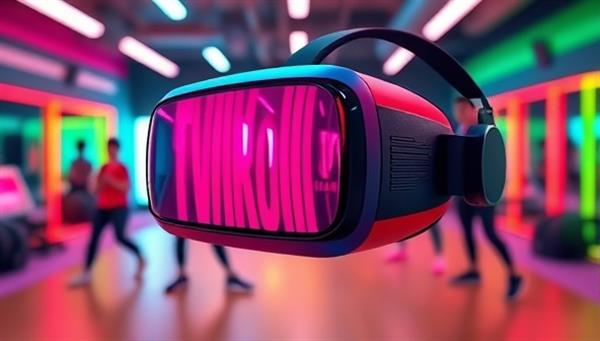 A virtual reality headset displaying a vibrant and futuristic workout setting with digital trainers guiding users through dynamic exercise routines, surrounded by an energetic and motivating atmosphere.