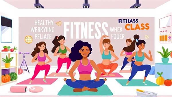 A vibrant digital illustration showcasing a diverse group of individuals participating in a virtual fitness class, with motivational quotes, workout equipment, and healthy food options in the background, conveying a sense of community and holistic well-being.