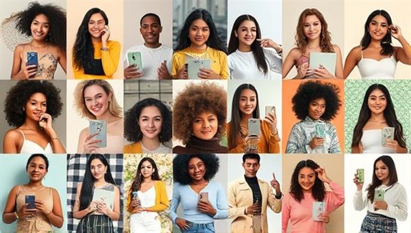 An artistic collage of diverse influencers creating content for various brands, showing a mix of fashion, lifestyle, and wellness themes to portray authenticity and diversity in influencer marketing.
