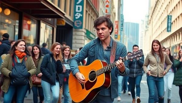 A talented musician playing a guitar and singing on a bustling city street, surrounded by a captivated audience of diverse individuals enjoying the live music performance, creating a vibrant and engaging atmosphere of musical wanderings.