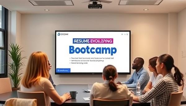 An image of a virtual career development bootcamp session featuring a career coach leading a group workshop on resume building, with interactive career resources, professional development tools, and networking opportunities displayed on the screen, illustrating the dynamic and supportive environment of the bootcamp.