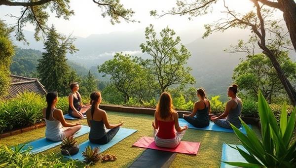 A serene and tranquil retreat setting surrounded by nature, featuring a group of participants engaged in a yoga session or meditation practice, with a backdrop of lush greenery and calming natural elements, conveying a sense of peace and wellness immersion.