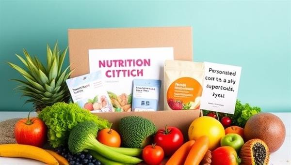 An enticing and vibrant nutrition subscription box displayed with colorful fruits, vegetables, and superfoods, alongside a personalized meal plan card and a motivational quote, creating a visually appealing and health-focused image.