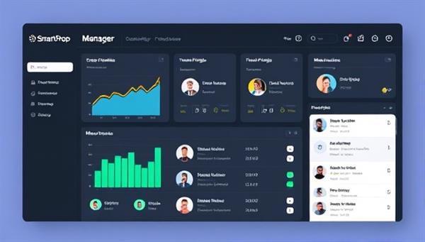 A sleek and modern dashboard of the SmartProp Manager software displaying property performance metrics, tenant profiles, and maintenance requests, showcasing the user-friendly interface and comprehensive functionality of the platform.