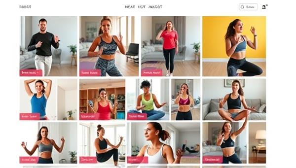 A vibrant digital interface displaying a diverse array of workout classes, with energetic trainers leading sessions and users engaging in exercises from their living rooms, showcasing inclusivity and motivation.